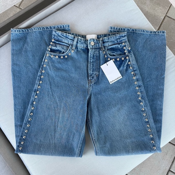 NWT Reformation Cary High Rise Slouchy Wide Leg Studded Jeans Chesapeake Blue 24 - Picture 3 of 14